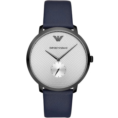 Emporio Armani AR11214 silver dial men's watch with navy leather strap and eagle logo