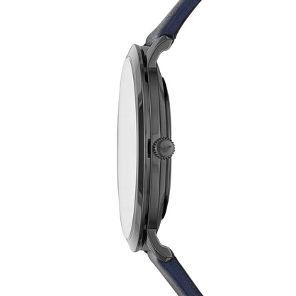 Side view of Emporio Armani AR11214 showing thin case profile and navy leather strap