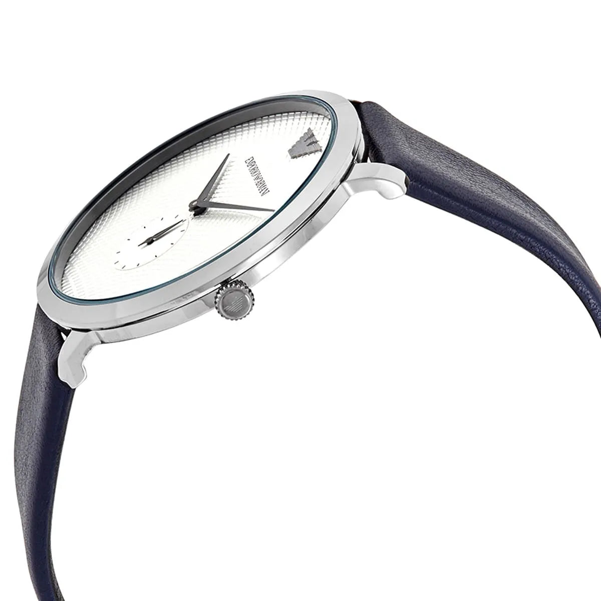 Side profile of Emporio Armani AR11214 watch with silver case and navy leather band