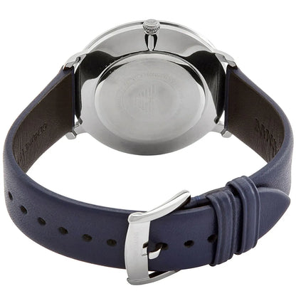 Caseback view of Emporio Armani AR11214 with gray case and navy leather strap