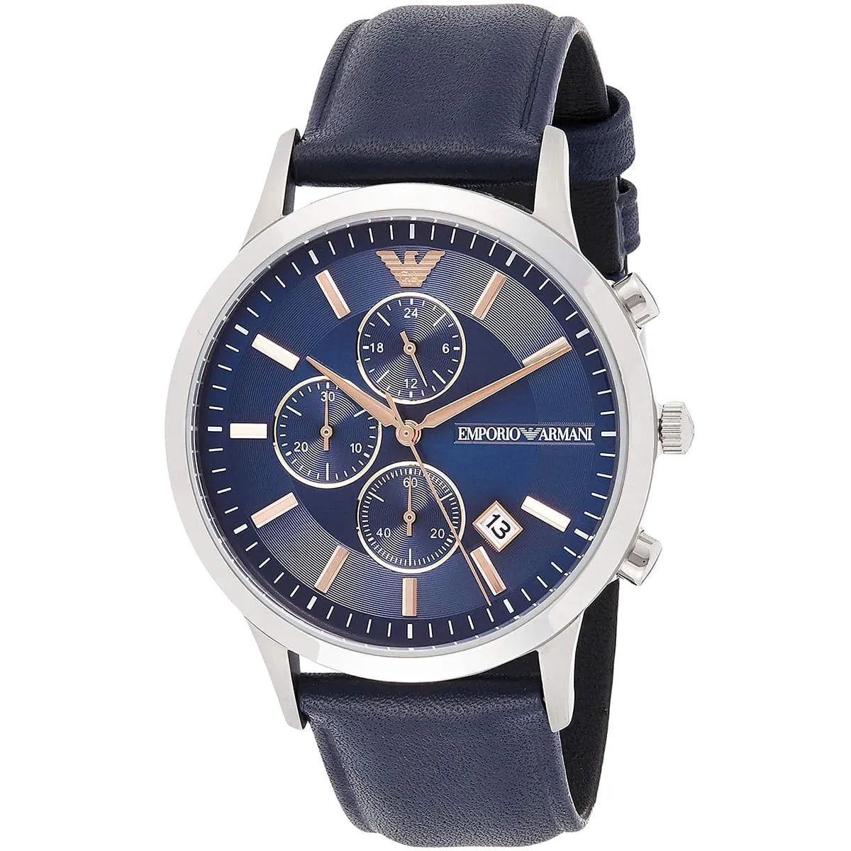 Emporio Armani AR11216 three-dial chronograph watch at angle with navy strap