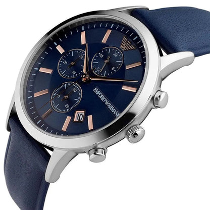 Emporio Armani AR11216 silver watch with blue chronograph dial and navy strap