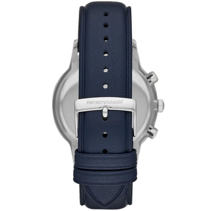 Emporio Armani AR11216 watch caseback showing white dial with navy leather strap
