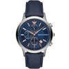 Emporio Armani AR11216 silver chronograph watch with blue dial and navy leather strap