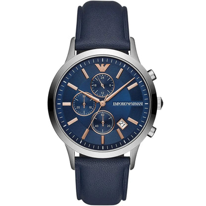 Emporio Armani AR11216 silver chronograph watch with blue dial and navy leather strap