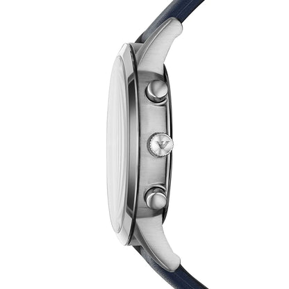 Emporio Armani AR11216 watch side view with chronograph pushers and navy strap
