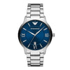 Emporio Armani AR11227 men's watch with blue dial, Roman numeral hour markers, and stainless steel bracelet