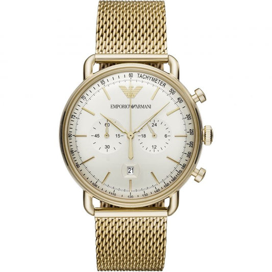 Emporio Armani AR11315 gold chronograph watch with cream dial and mesh strap