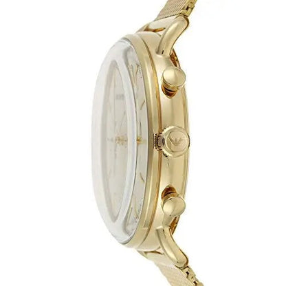 Side profile of Emporio Armani gold aviator chronograph watch showing case depth