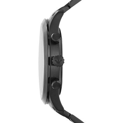 Side profile of Emporio Armani AR11349 chronograph watch with black stainless steel band