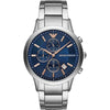 Emporio Armani AR11458 chronograph watch with blue dial, rose gold indices, and steel bracelet
