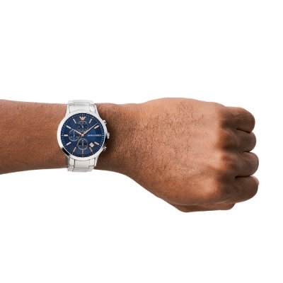 Emporio Armani AR11458 worn on wrist showing blue dial and steel bracelet fit