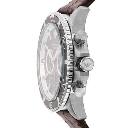 Side view of Emporio Armani AR11486 watch showing chronograph pushers and stainless steel case