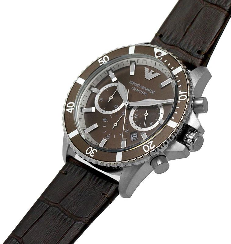 Emporio Armani AR11486 chronograph watch showing stainless steel case and brown leather strap at angle