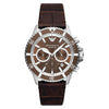 Emporio Armani AR11486 chronograph watch with brown dial and brown leather strap front view