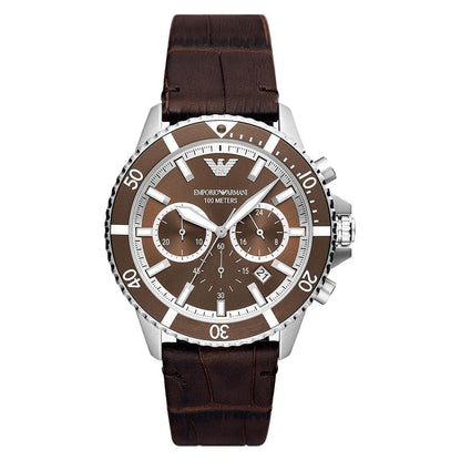 Emporio Armani AR11486 chronograph watch with brown dial and brown leather strap front view