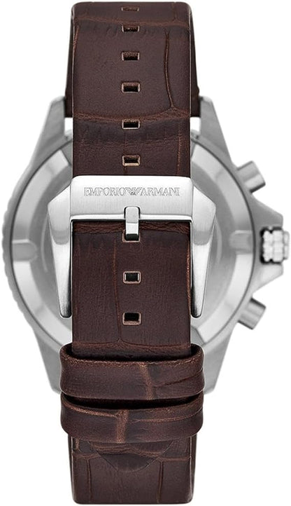 Caseback view of Emporio Armani AR11486 watch with stainless steel and brown leather strap