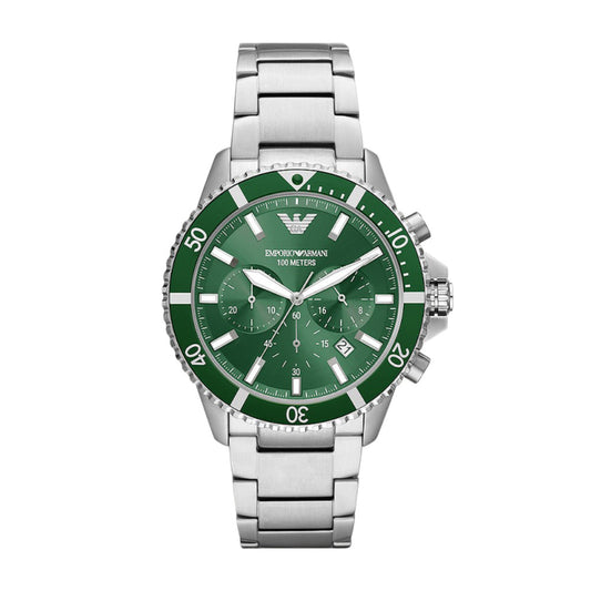 Emporio Armani AR11500 chronograph watch with green dial and stainless steel bracelet