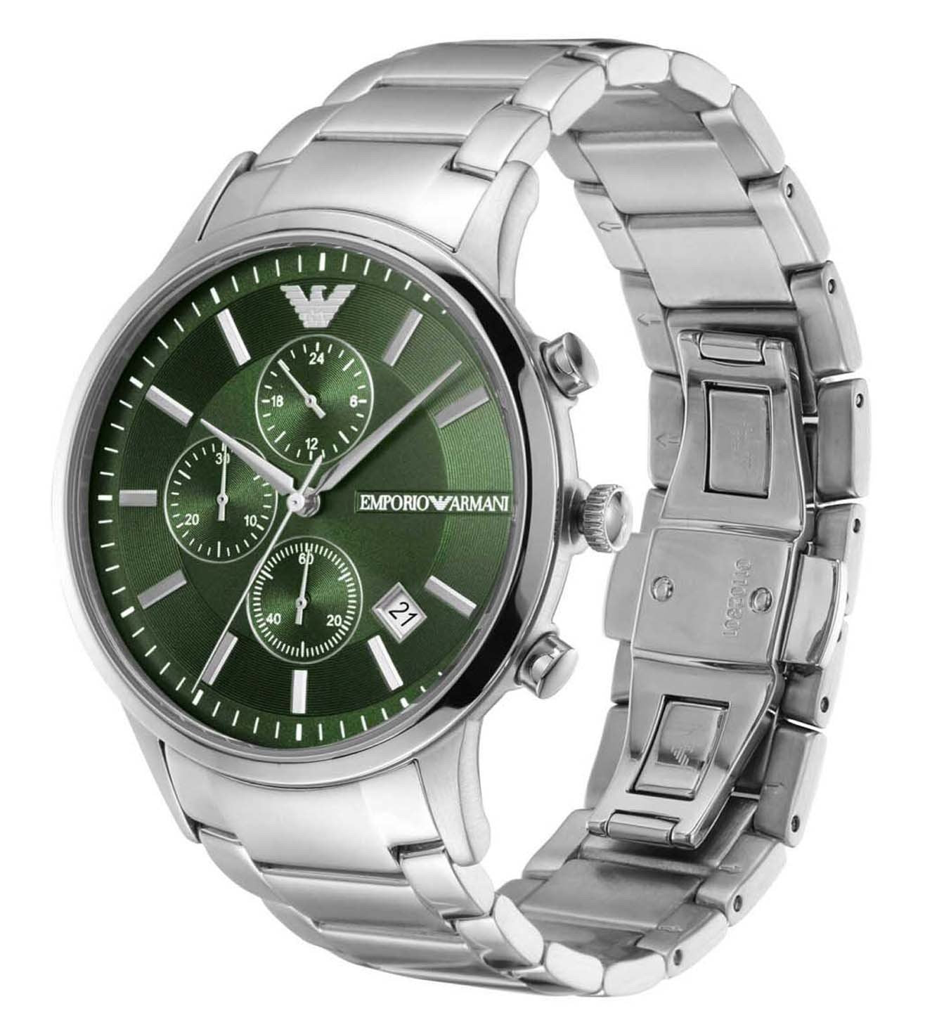 Side angled view of Emporio Armani AR11507 chronograph with three subdials