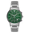 Emporio Armani chronograph watch with green dial and stainless steel bracelet