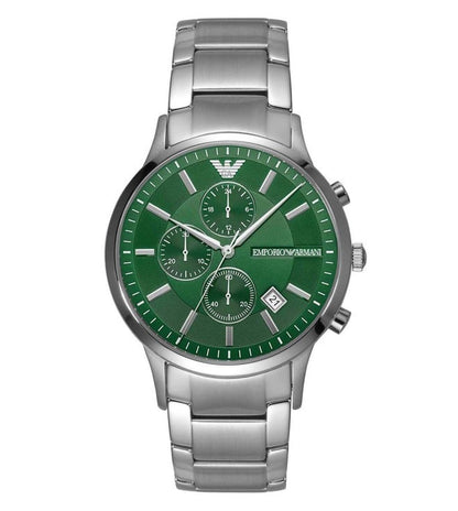 Emporio Armani chronograph watch with green dial and stainless steel bracelet