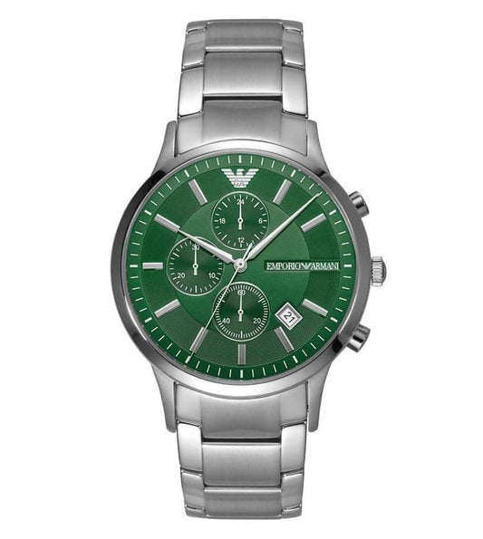 Emporio Armani chronograph watch with green dial and stainless steel bracelet