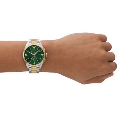 Emporio Armani AR11511 watch on wrist with green dial and two-tone bracelet
