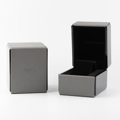 Emporio Armani watch presentation box with gray exterior and black interior