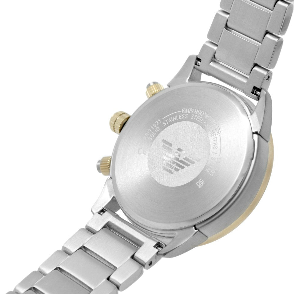 Caseback of Emporio Armani AR11521 showing stainless steel with Emporio Armani eagle logo