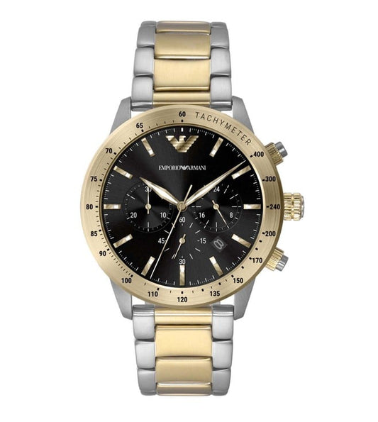 Emporio Armani AR11521 chronograph watch with two-toned steel and gold bracelet, black dial
