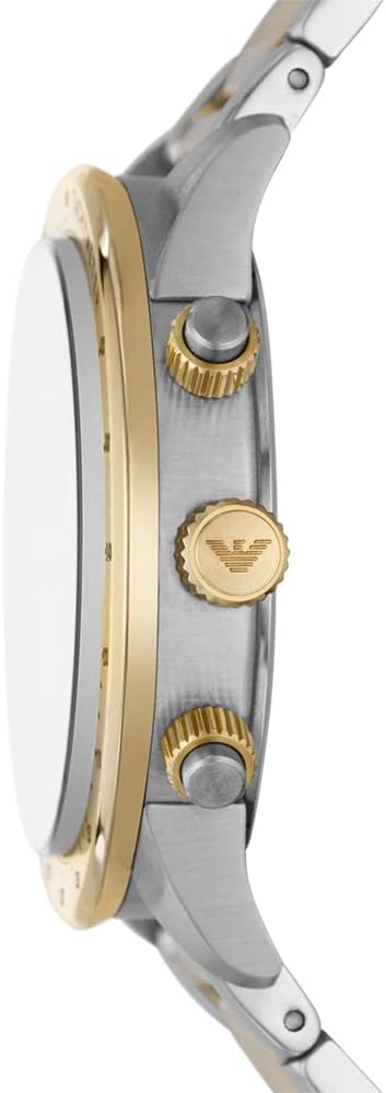 Side profile of AR11521 showing two-toned stainless steel and gold case with chronograph pushers