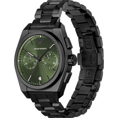 Angled view of Emporio Armani AR11562 black chronograph with green dial