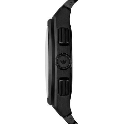 Side profile of Emporio Armani AR11562 black chronograph watch showing case thickness