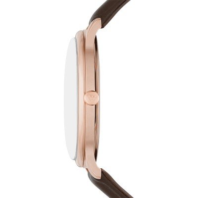 Side detail of Emporio Armani AR11572 showing case and brown leather strap