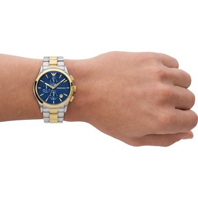 Emporio Armani AR11579 chronograph watch worn on wrist with blue dial visible