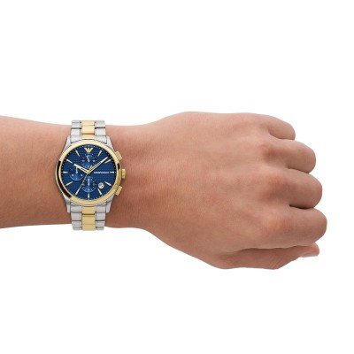 Emporio Armani AR11579 watch on wrist showing front face with two-tone bracelet