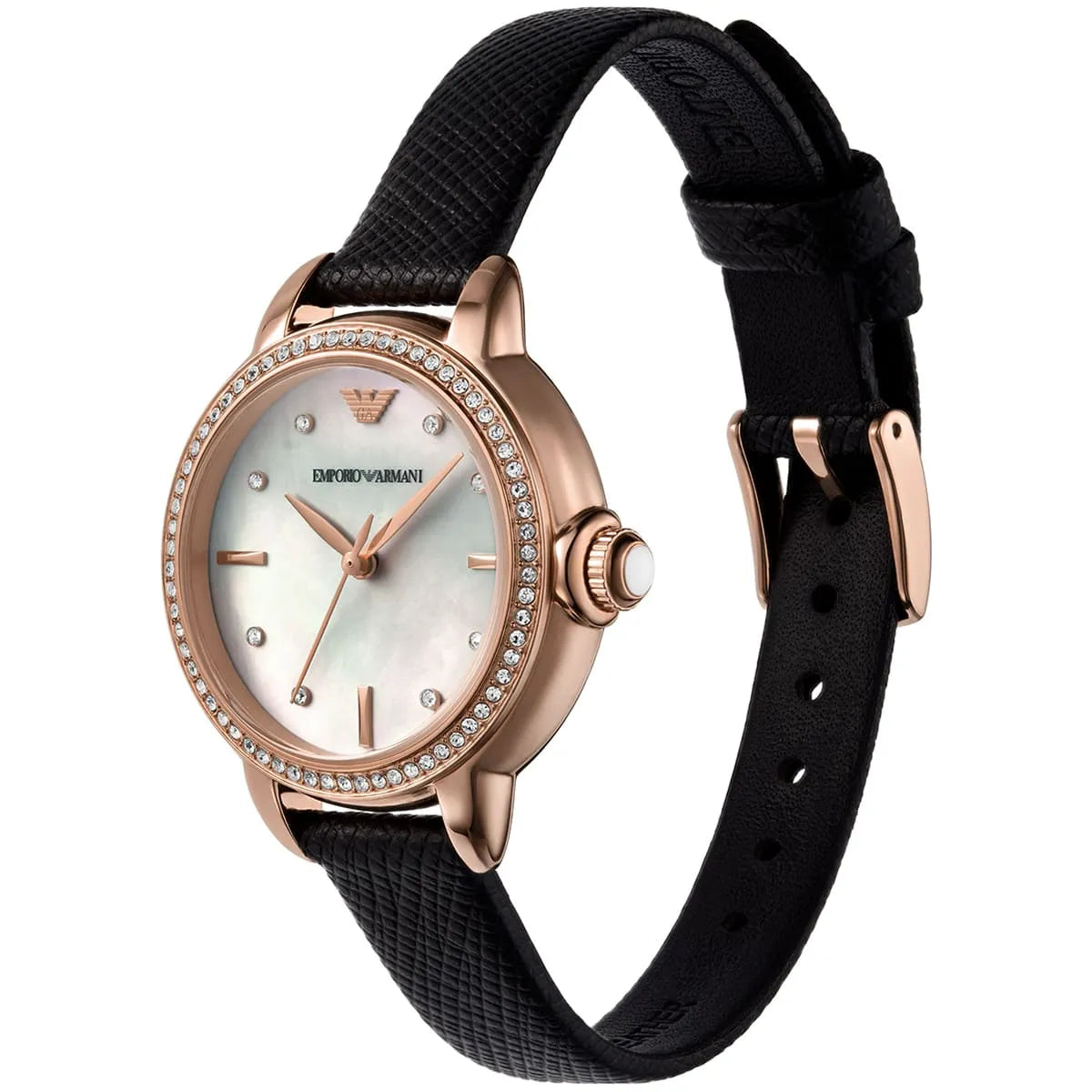 Emporio Armani AR11598 three-quarter view showing rose gold case with crystal bezel and black leather strap