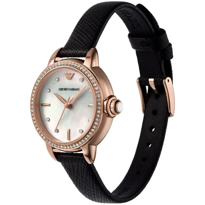 Emporio Armani AR11598 three-quarter view showing rose gold case with crystal bezel and black leather strap