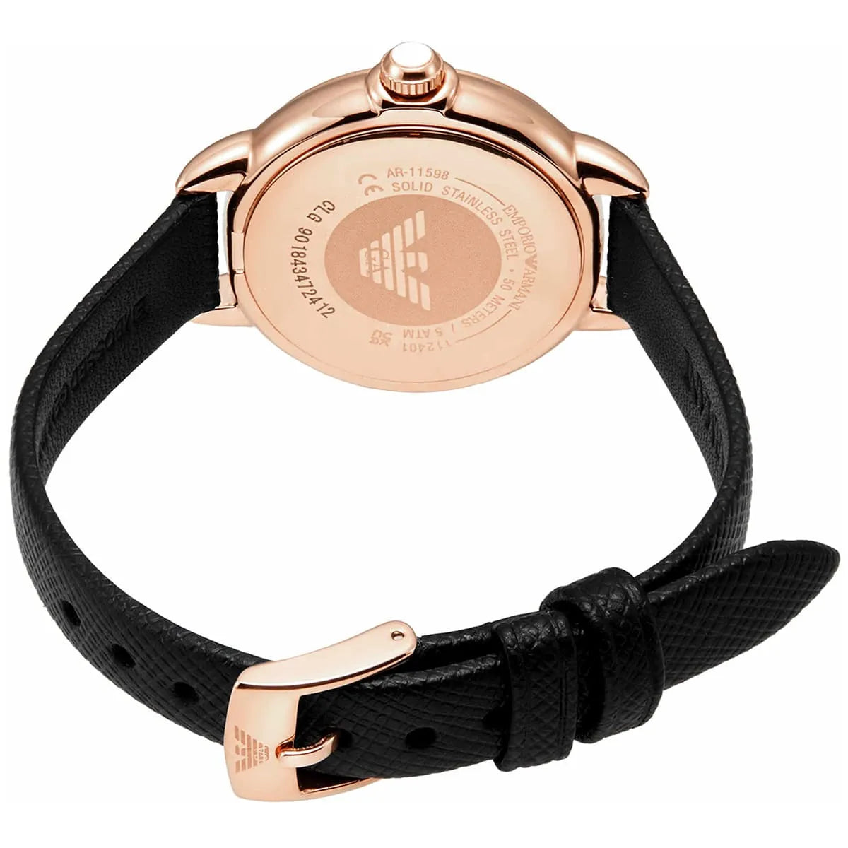 Emporio Armani AR11598 caseback showing engraved eagle logo and watch details