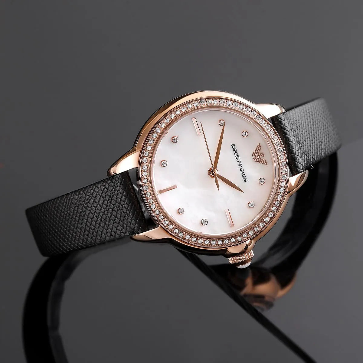 Emporio Armani AR11598 women's watch displayed at angle on dark background