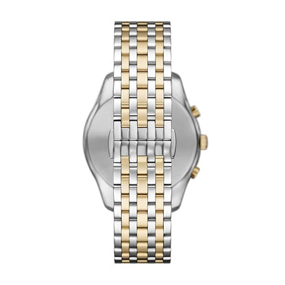 Back view of Emporio Armani AR11603 two-tone chronograph watch with visible case back