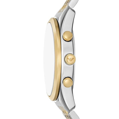 Side profile of Emporio Armani AR11603 showing two-tone case and bracelet with gold accents