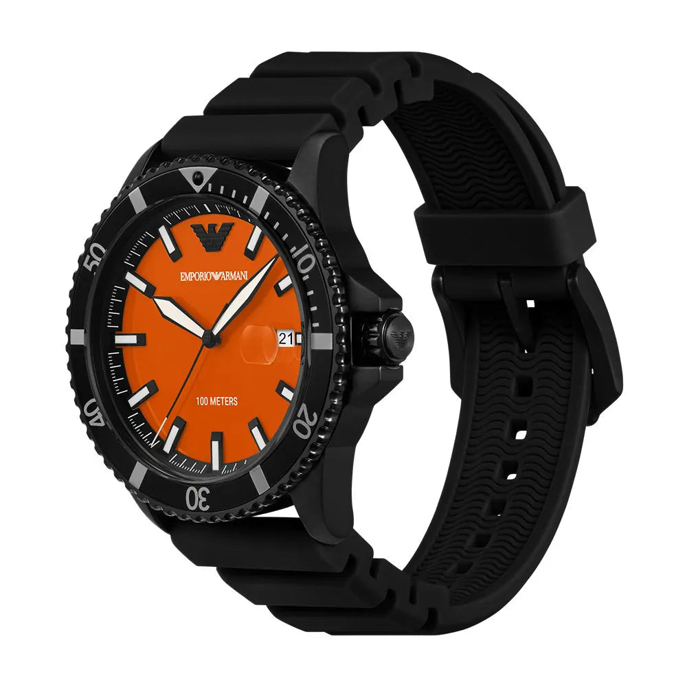 Emporio Armani AR11684 watch at angle showing orange dial and black rubber strap