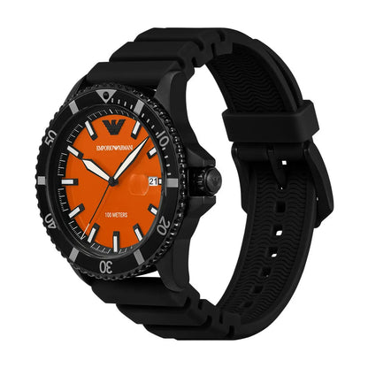 Emporio Armani AR11684 watch at angle showing orange dial and black rubber strap