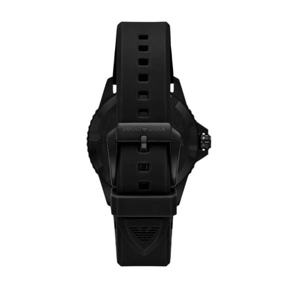 Emporio Armani AR11684 watch caseback showing black rubber strap and eagle logo