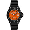 Emporio Armani AR11684 men's watch with black case, orange dial, and black rubber strap