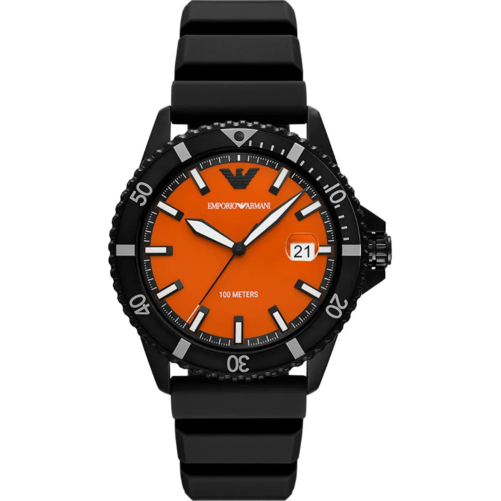 Emporio Armani AR11684 men's watch with black case, orange dial, and black rubber strap