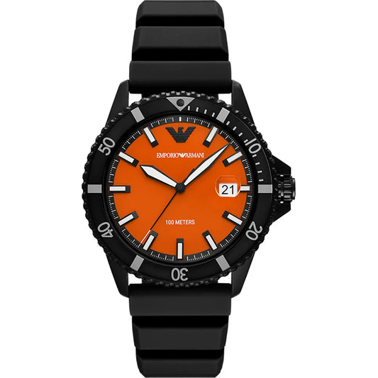 Emporio Armani AR11684 men's watch with black case, orange dial, and black rubber strap