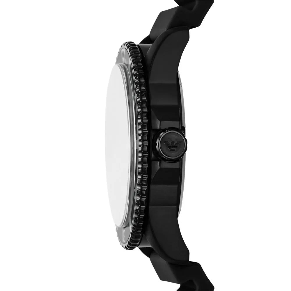 Emporio Armani AR11684 watch side view showing black case and rubber strap profile
