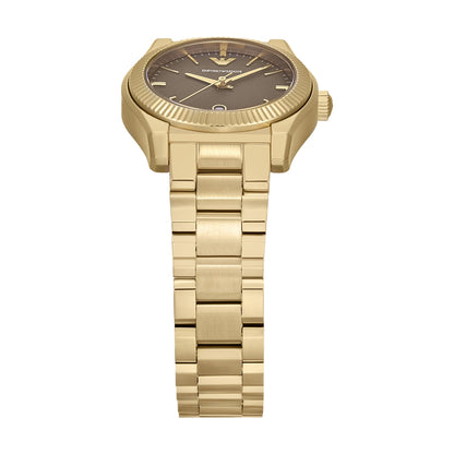 Emporio Armani AR11700 watch shown from front angle with gold stainless steel bracelet